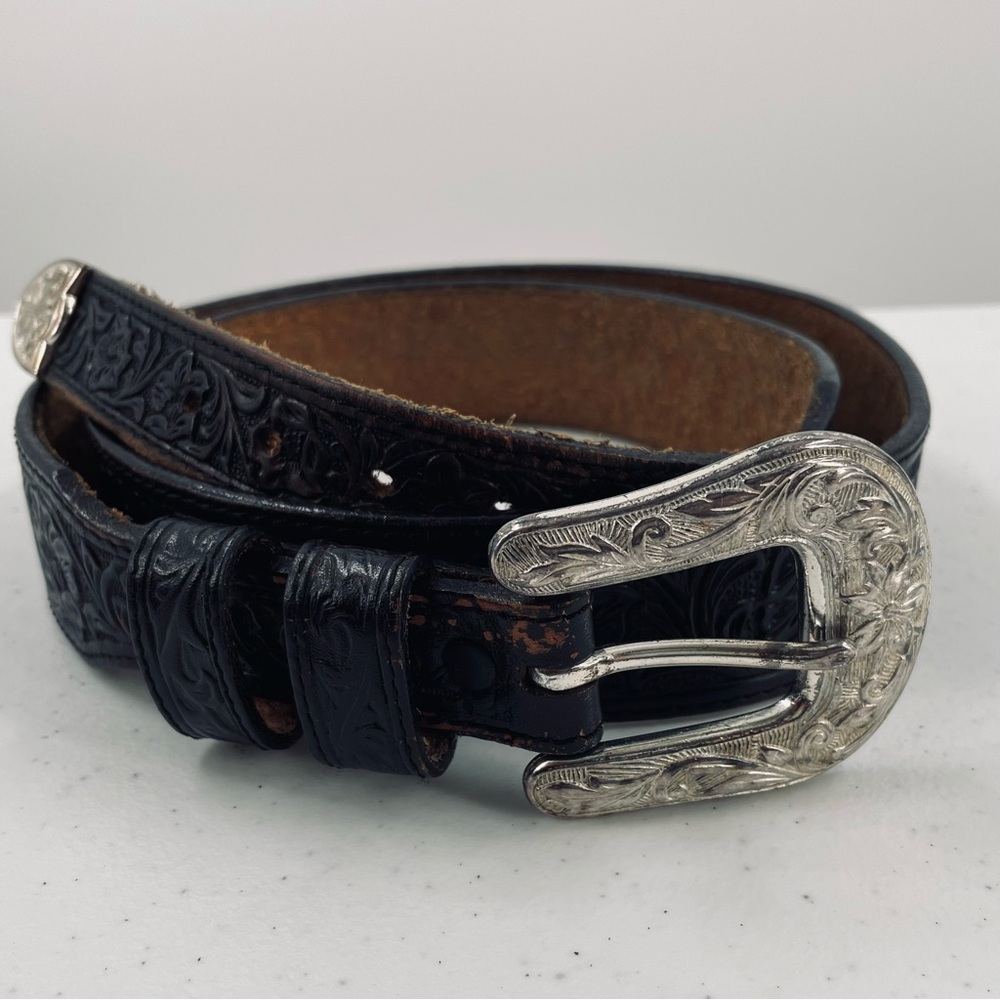 Beautifully Worn Vintage Black Tooled Leather Silver Buckle Made in USA Belt